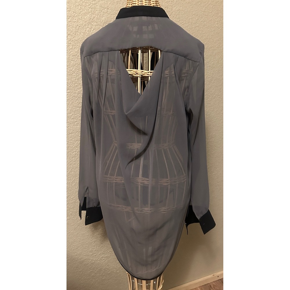 KUT from the Kloth Grey Sheer Draped Back Blouse Black Trim Medium flowy - Picture 1 of 16